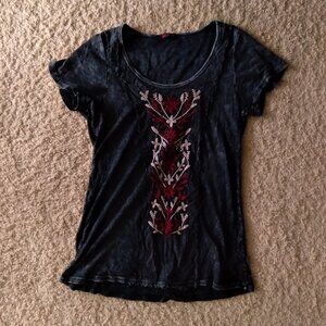 T Party Dark Gray and Black Marble Cotton T-Shirt with Embroidered Flowers Large
